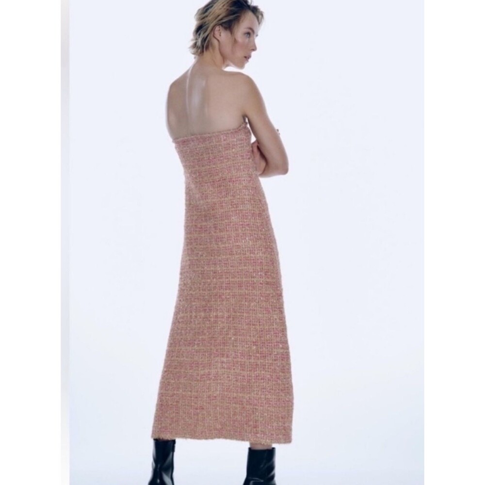 Zara Metallic Tweed Strapless Maxi Dress | Pink Multi | Small - Picture 2 of 11